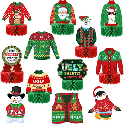 12 Pcs Christmas Honeycomb Centerpieces Xmas Ugly Sweater Table Decoration Christmas 3D Table Topper Decoration Ugly Sweater Party Table Centerpieces for Merry Christmas Winter Holidays Party Supplies
