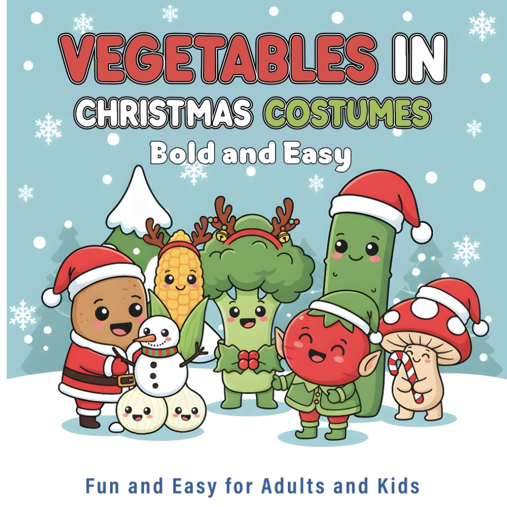Vegetables in Christmas Costumes Coloring Book: Cute Holiday Vegetable Characters, Bold Outlines, Easy and Fun Pages for Kids and Adults