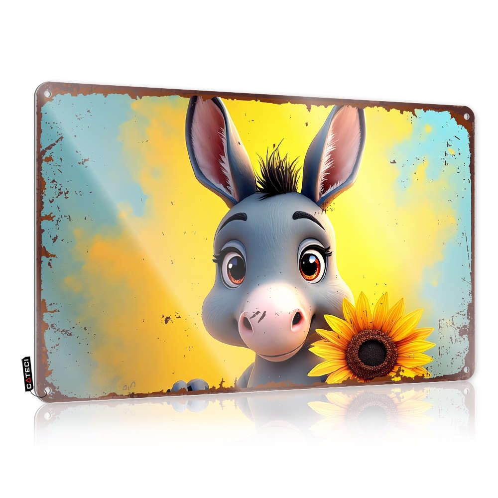 Fzfn Colour A Cartoon Donkey Holding A Sunflower. Coffee Highland Hanging | Amazing Tin Metal Decor Fun Vintage Metal Wall Decor(30X40cm)