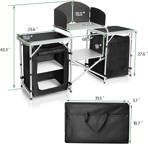 Miniatura 3 de CampLand Mesa de cocina plegable al aire libre, estación de cocina portátil de aluminio para acampar con organizador de almacenamiento, parabrisas,