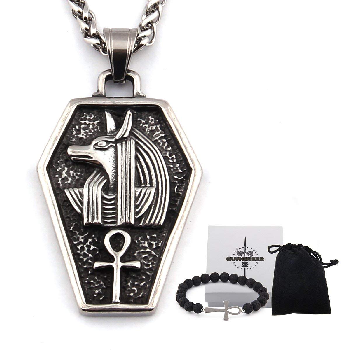 Gungneer Vintage Egyptian Jewelry Stainless Steel God Dead Anubis Pendant Ankh Cross Necklace Amulet Talisman Jewelry