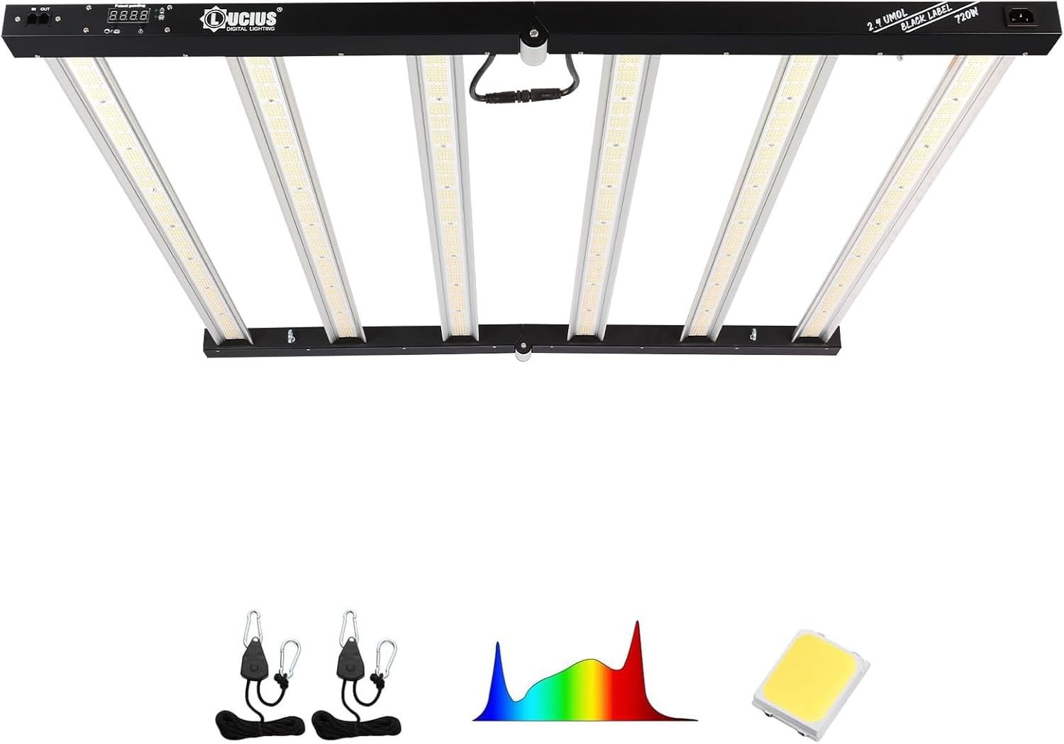 Lucius 720W LED Grow Light with LED Display, LM281B Diodes, Full Spectrum Grow Lamp for Indoor Plants, 2088μmol/s, 2.9μmol/J,Dimmable 0–100%,Ideal for Hydroponics, Greenhouse,100/277V