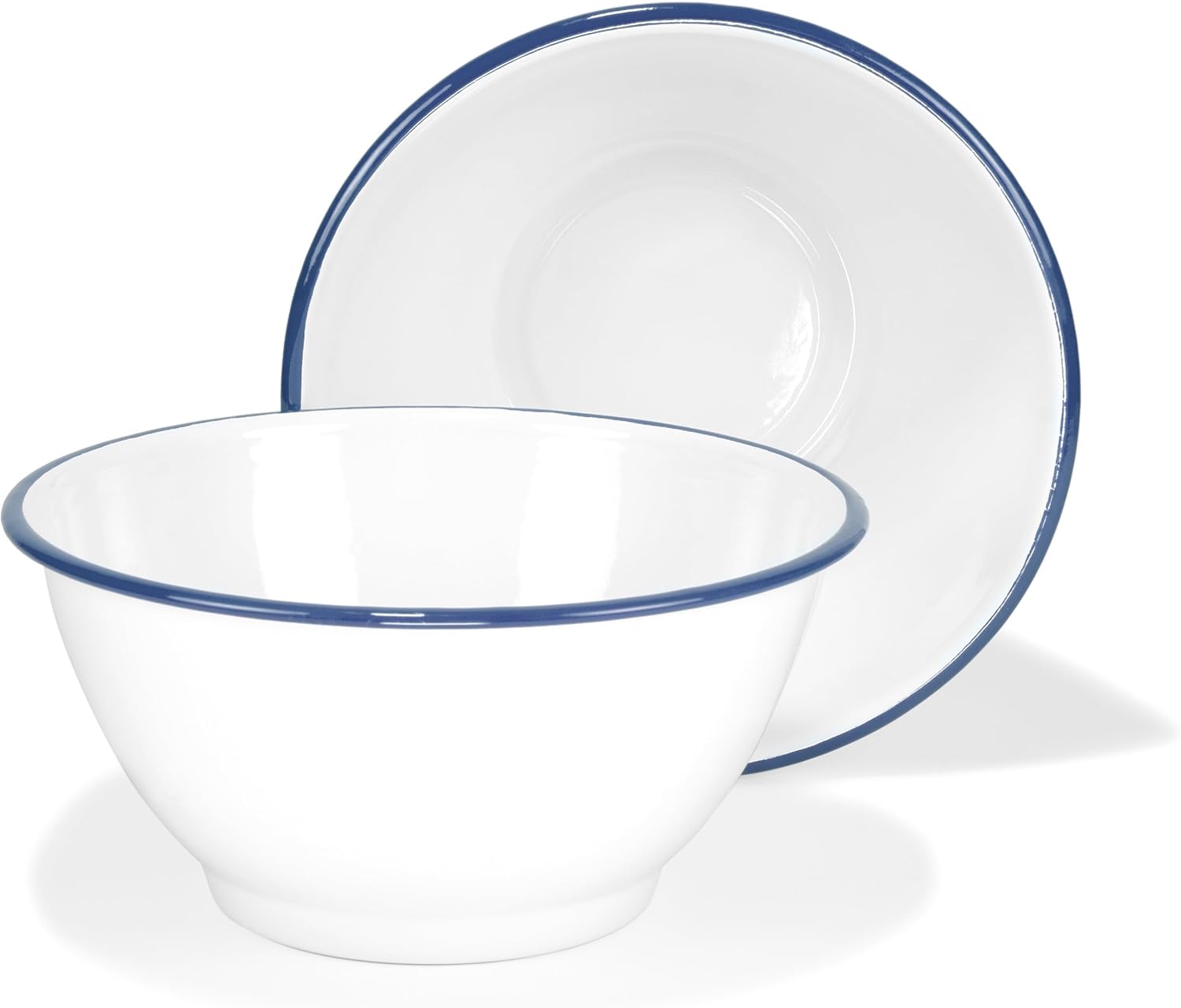 Red Co. Set of 2 Enamelware Metal Large Classic 4 quart Round Salad Serving Bowl, Solid White/Navy Blue Rim