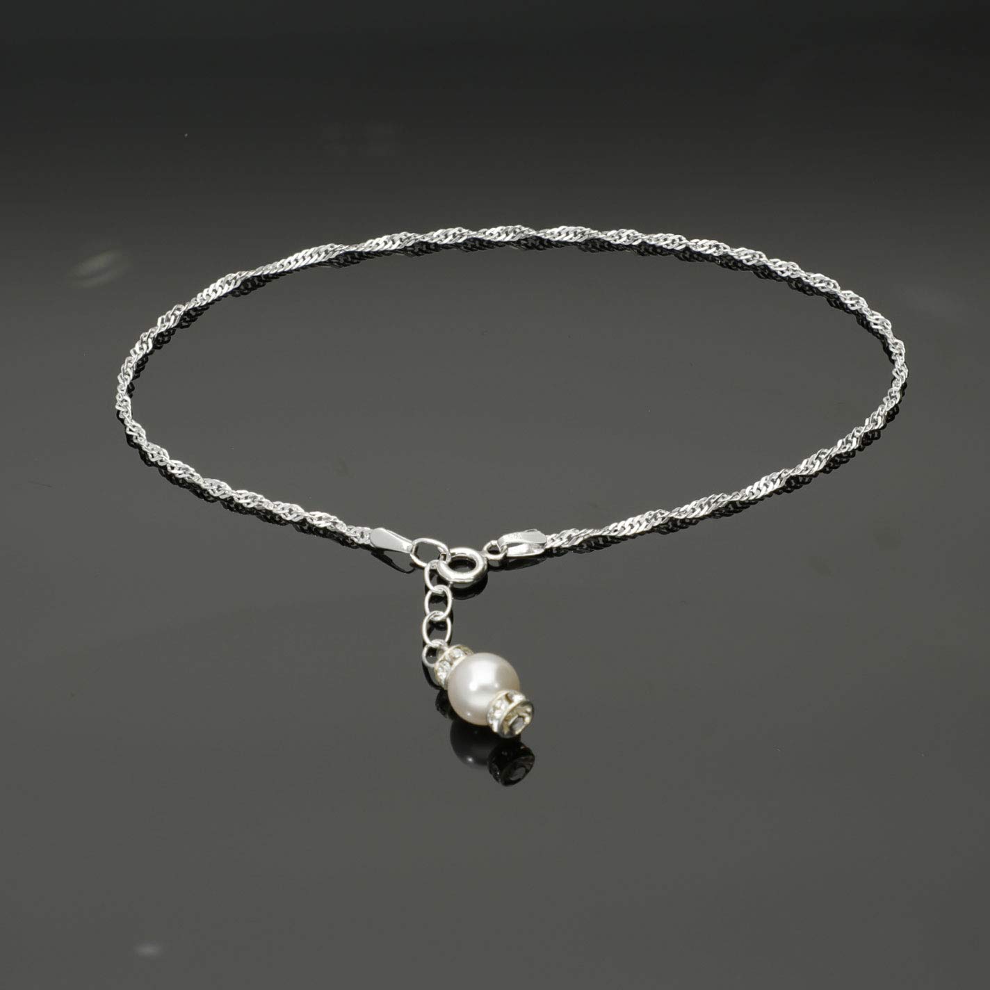Tobillera para mujer, plata de ley 925 con cristales Swarovski Perla, ideal para verano, sol, playa y vacaciones. Joya para mujeres y niñas