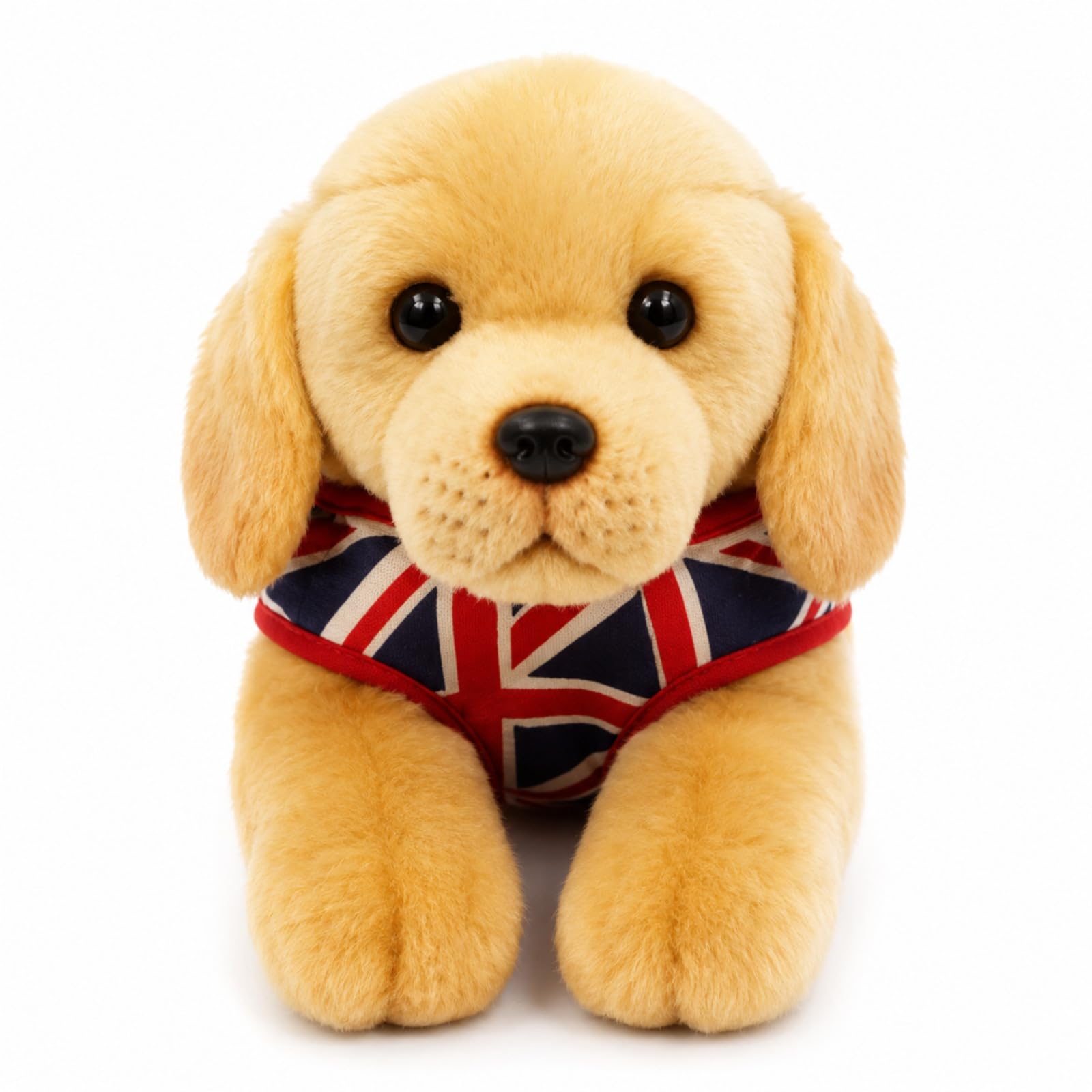 Labrador - Peluche per cani, con gilet Union Jack, realistico cucciolo dorato, morbida pelliccia sintetica e zampe ponderate, regalo souvenir britannico per gli amanti dei cani, 37 cm