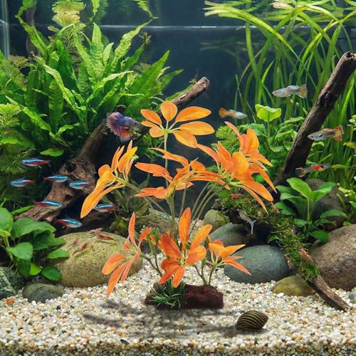 Image of JGbaby Artificial Aquarium Plants,Fish Tank Decorations Betta Leaf Hammock Driftwood 10in Realistic Silk & Plastic Plants, Hideout Decor for Betta. Goldfish,Reptiles,Small Tanks (YellowType-B)