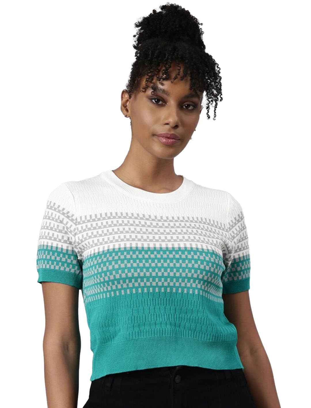 icw Women's Stretchable Knit-Rib Half Sleeve Striped Crop Top T-Shirt 105-picture-40
