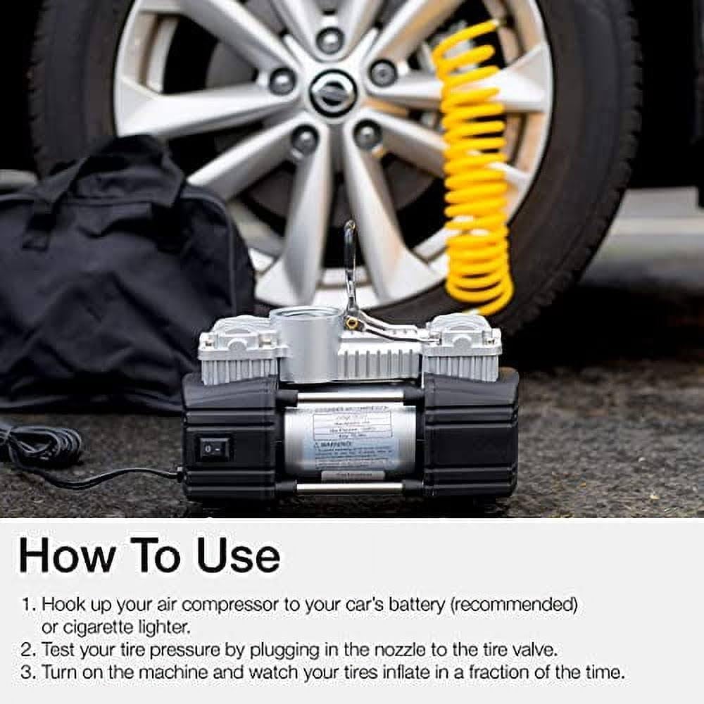DHARMISHO Heavy Duty 2-Cylinder Car Air Compressor, 12V DC, Portable Tyre Inflator with Pressure Gauge, Metal Construction