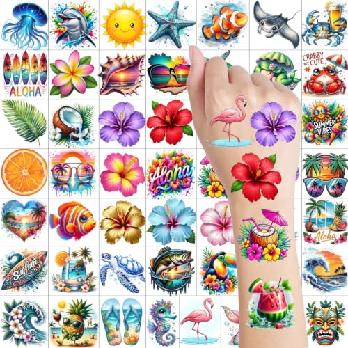 Image of Bilizar 50 Sheets Aloha Tattoos For Women Adults Hawaii Summer Beach Pool Hibiscus Temporary Tattoo Sticker, Hawaiian Party Decoration Fake Tattoos Wave Turtle Decals Hawaii Aloha Party Favor Supplies
