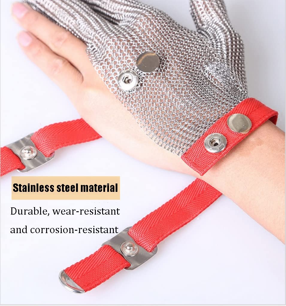 Guantes Resistentes al Corte de Acero Inoxidable de Tres Dedos, Guantes de carnicería de tamaño Ajustable, comunes for Manos a la Izquierda y Derecha (Size : 2pcs/M)