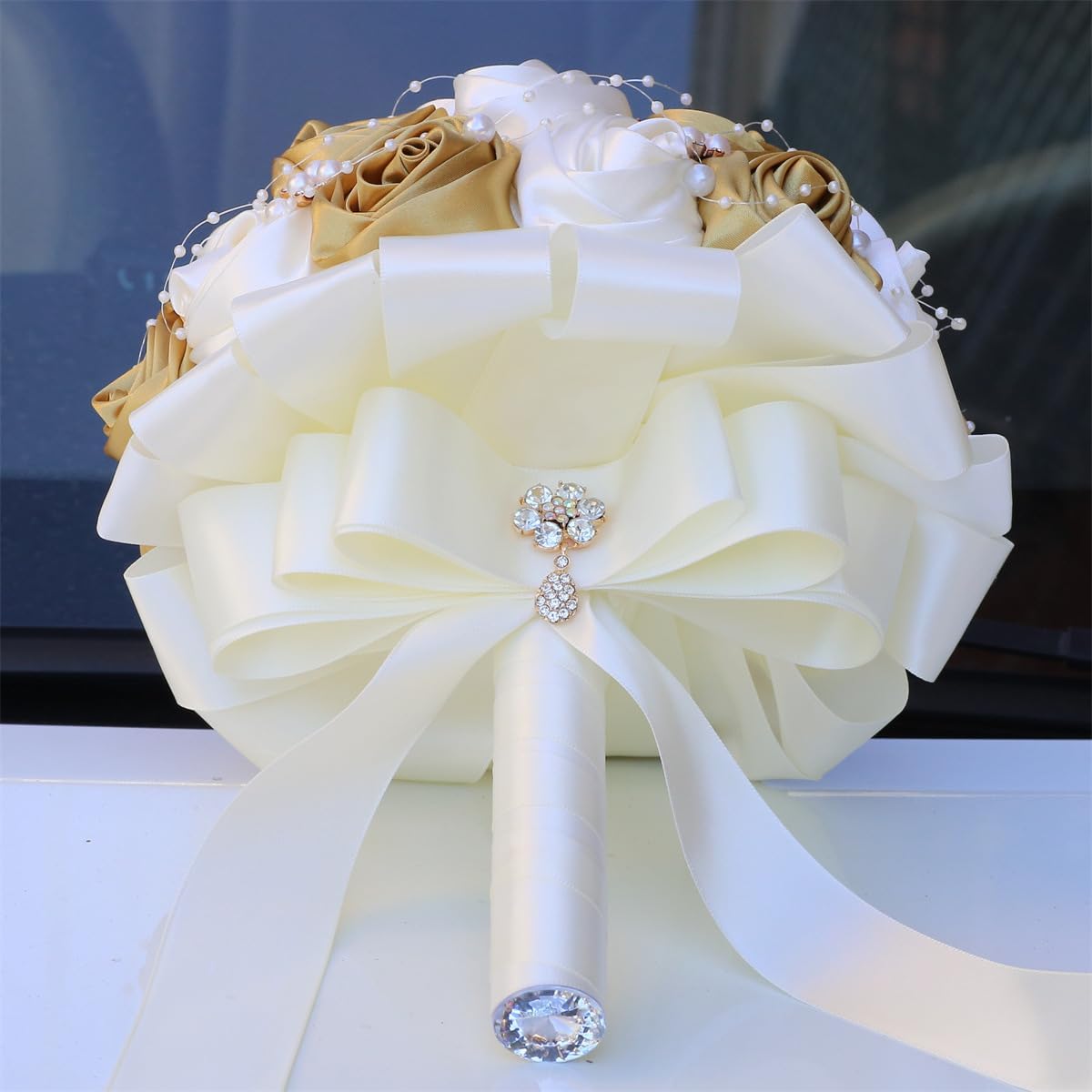 Handmade Rhinestone Brooch Satin Bridal Bouquet,7.5inch Crystal Wedding Round Tossing Bouquet,Artificial Flower Bunch with Diamond Pearl Ribbon Gold+Ivory