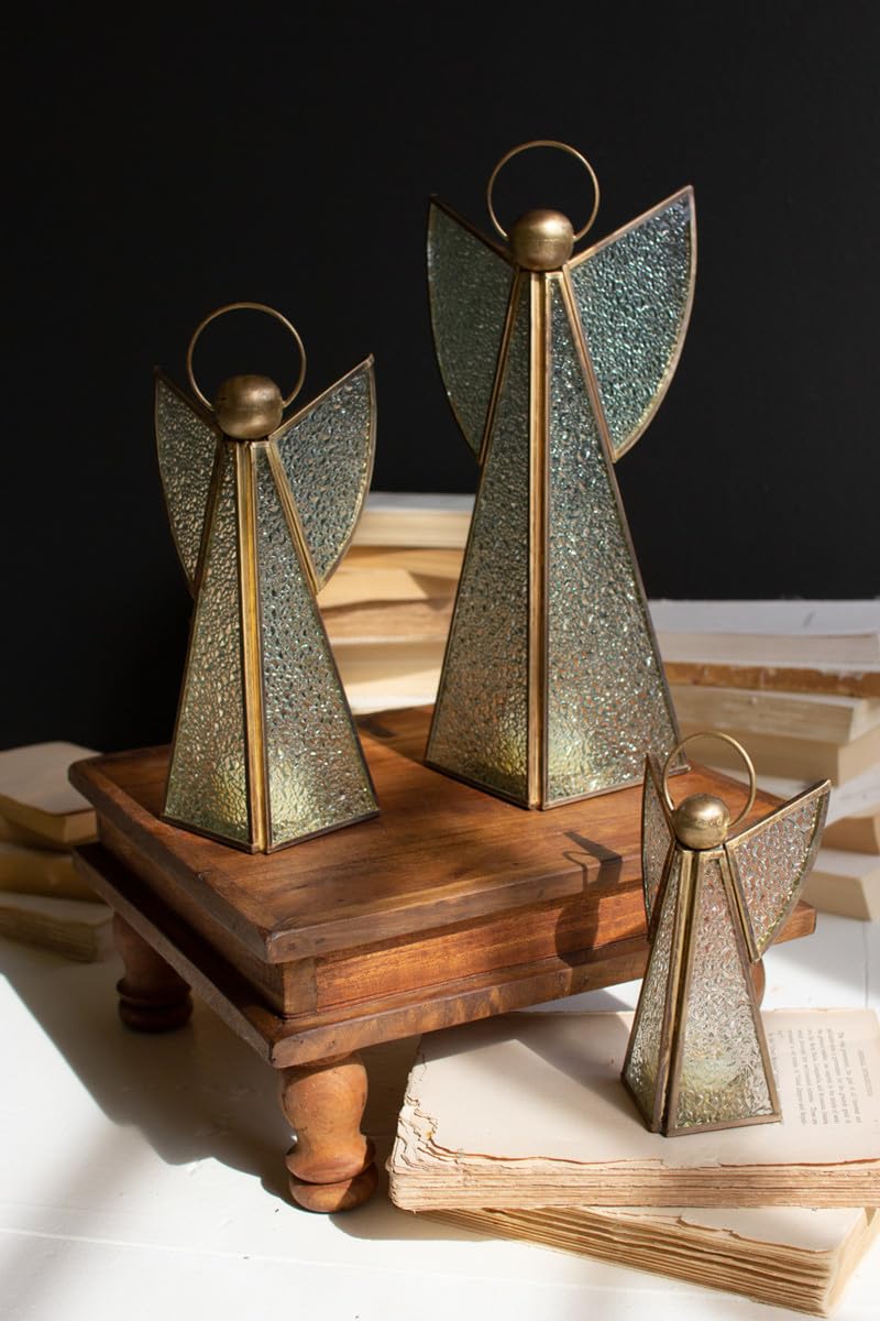 SET OF THREE ANTIQUE BRASS AND GLASS CHRISTMAS ANGELS