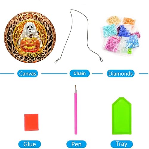 Miniatura 7 de LUSandy Kit de pintura de diamante de calabaza fantasma 5D para Halloween, letrero de arte de pared, diseño de calabaza, diamante, atrapasoles,