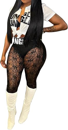 Adogirl Conjunto de 2 piezas para mujer, manga corta, atado al frente, malla transparente, ajustado, pantalones largos