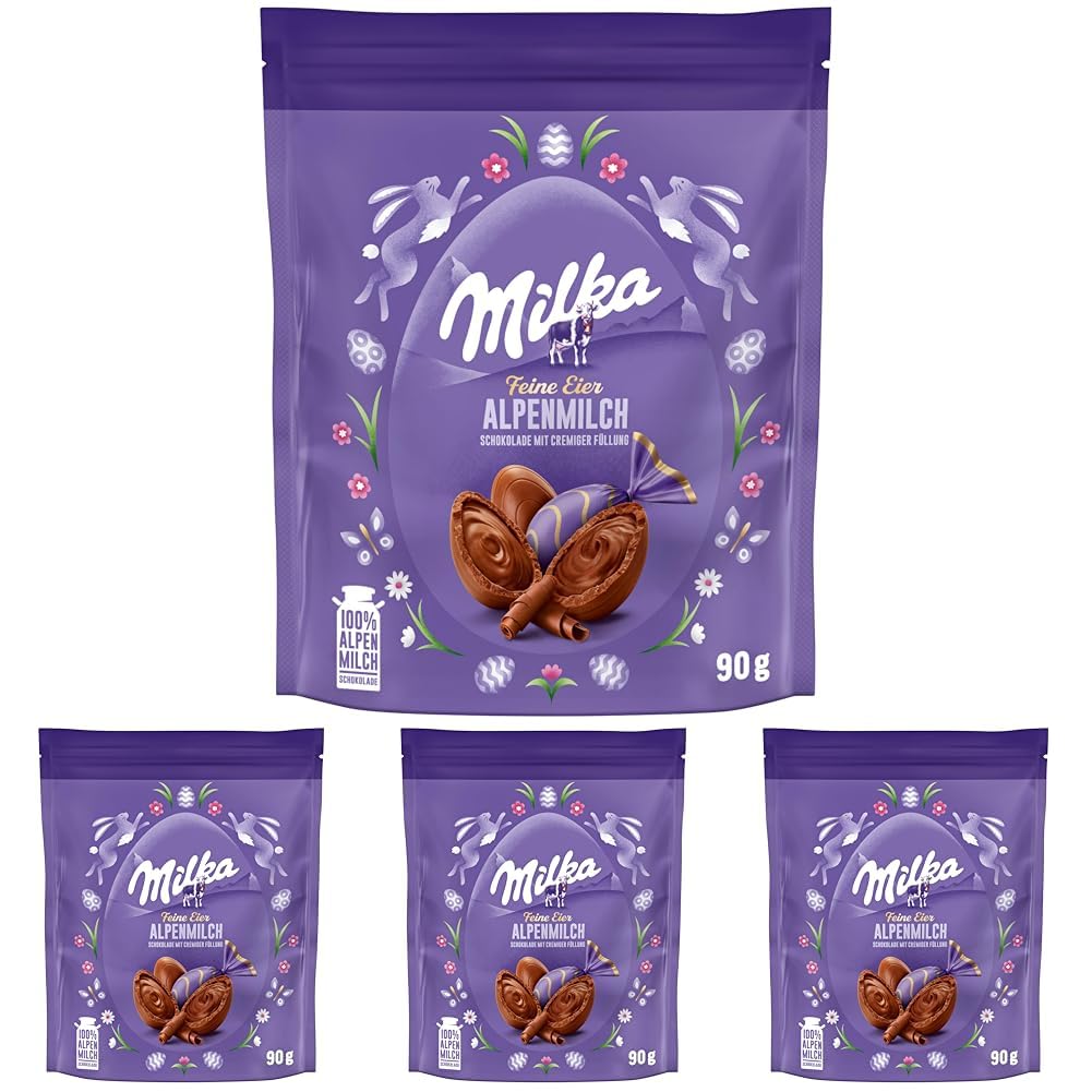 Milka Feine Eier Alpenmilch – Zartschmelzende Osterschokoladen-Eier aus 100 Prozent Alpenmilch-Schokolade – 90g (Packung mit 4)