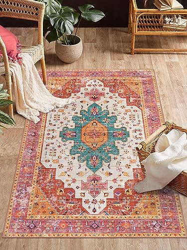 Moynesa Ultra-Thin Washable Vintage Area Rug - 3x5 Boho Girls Bedroom Non-Slip Non-Shedding Oriental Medallion Living Room Mat Indoor Carpet for Office Nursery Room, Pink/Teal/Multi