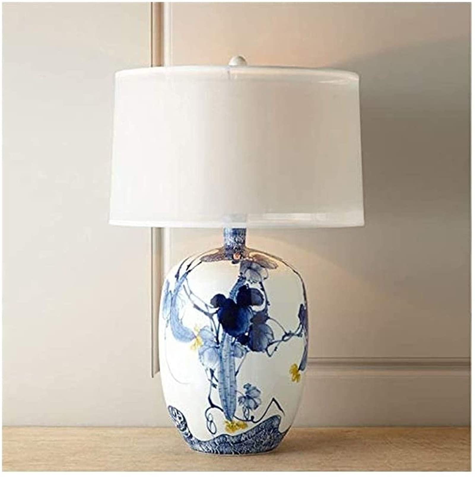 SGKOMN Chinese Ink Hand-Painted Table Lamp Ceramic Table Light White Cloth Lampshade Bedroom Bedside Lamp Living Room Home Lighting Decoration