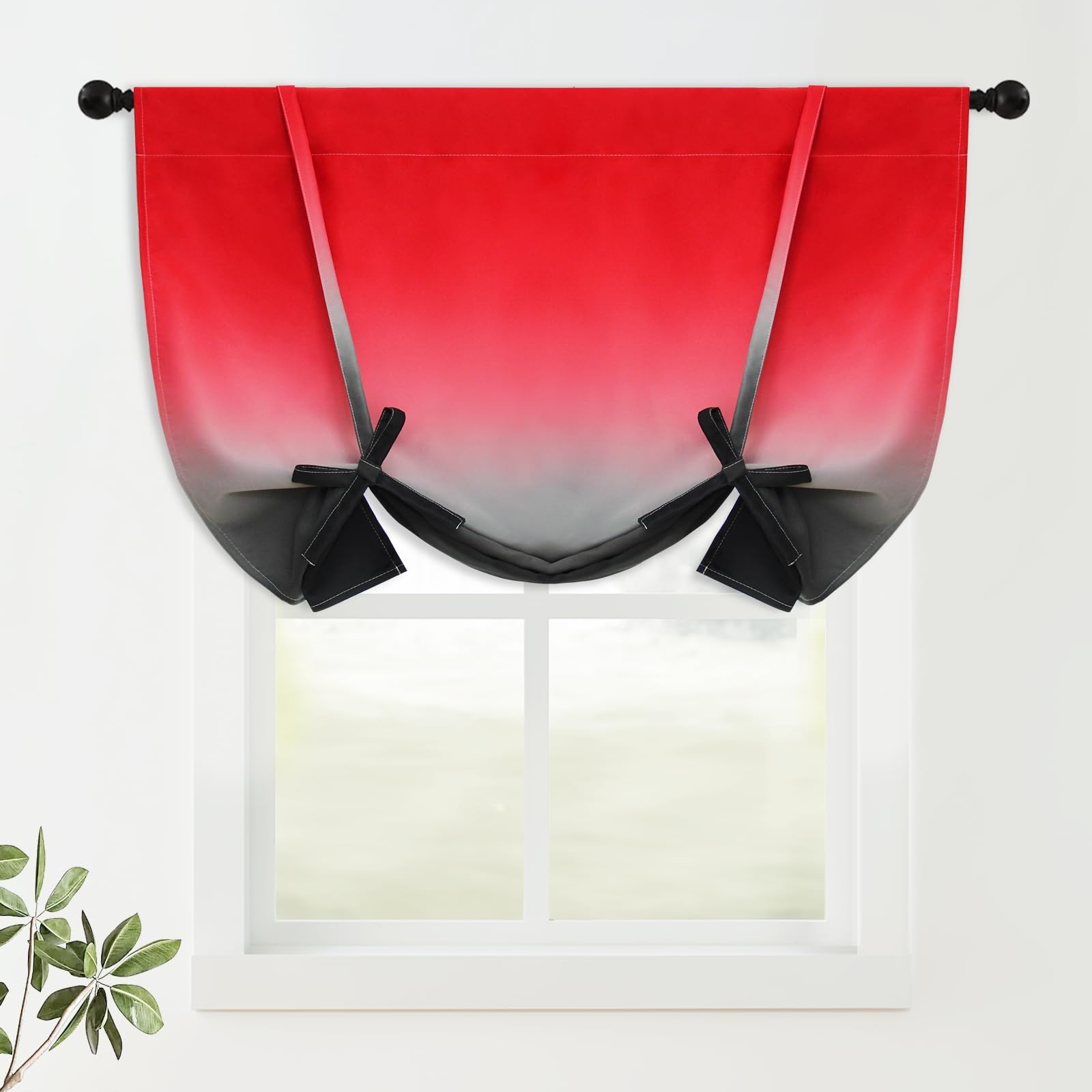 COSVIYA 100% Blackout Red and Black Adjustable Tie Up Curtains for Kitchen Thermal Insulated Room Darkening Valance Rod Pocket Balloon Roman Shade for Small Window,48" L x 42" W, 1 Panel