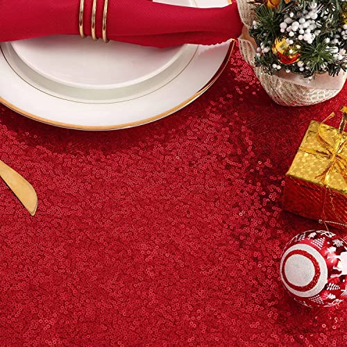 Image of B-COOL Red Sequin Tablecloth Christmas Table Cloth Valentines 90x132-Inch Seamless Tablecloths Sequined Fabric Rectangle Overlays for Party Birthday Evening Decor