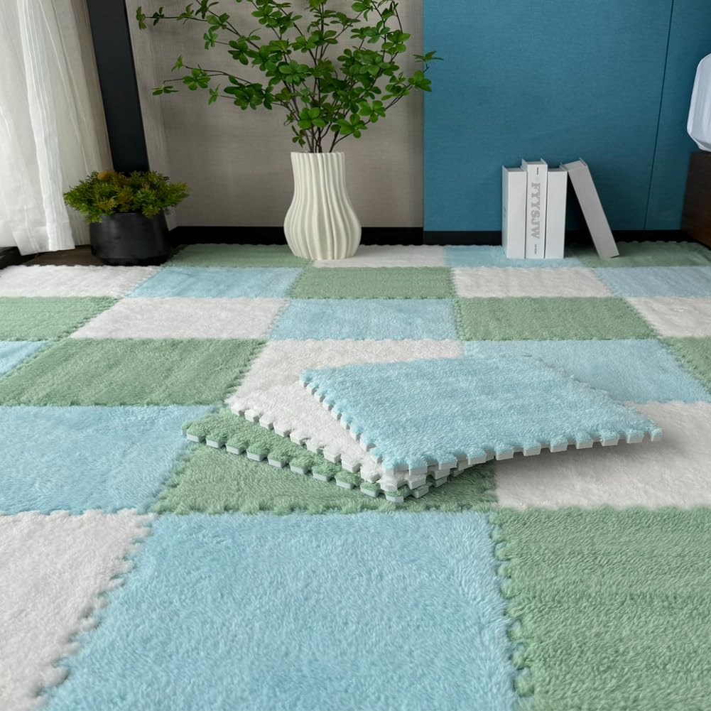 Pluszowe wędrówki, Mata podłogowa z pianki interlock, opakowanie 10 sztuk, wielokolorowe, 12x12 cali(Green+blue+white)