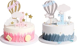 BLMHTWO 24PCS 1st Birthday Cake Topper Set, Hot Air Balloon Cake Topper with White Clouds and Glitter Stars Cake Topper Birthday Cake Decoration for Girls Boys Kids First Birthday (2 Sets,Pink, Blue)