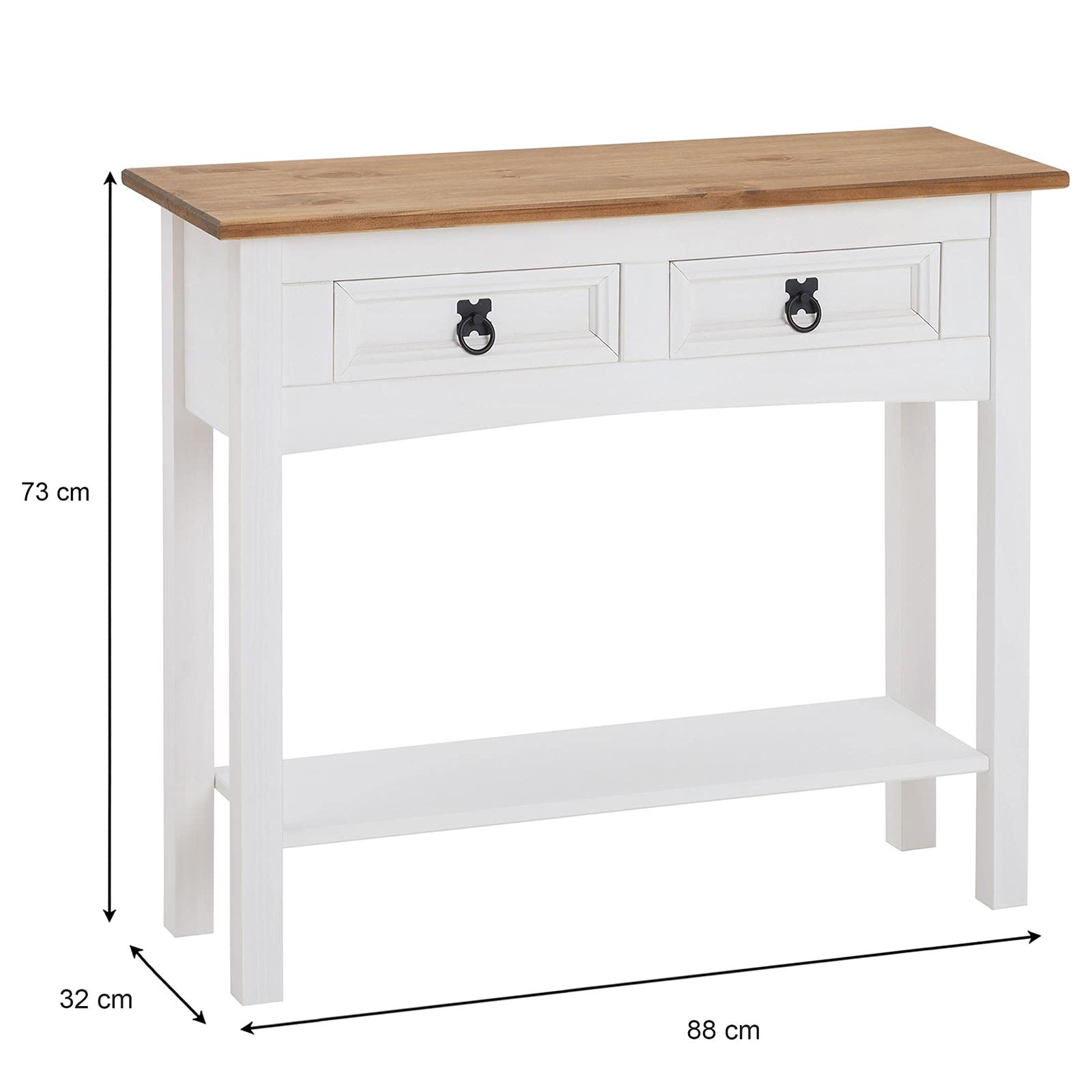 IDIMEX Console Campo Meuble Style Mexicain, Table Console Fabriquée en Pin Massif, 2 Tiroirs, 1 Étagère, Poignées en Métal, Console Finition lasurée Blanche