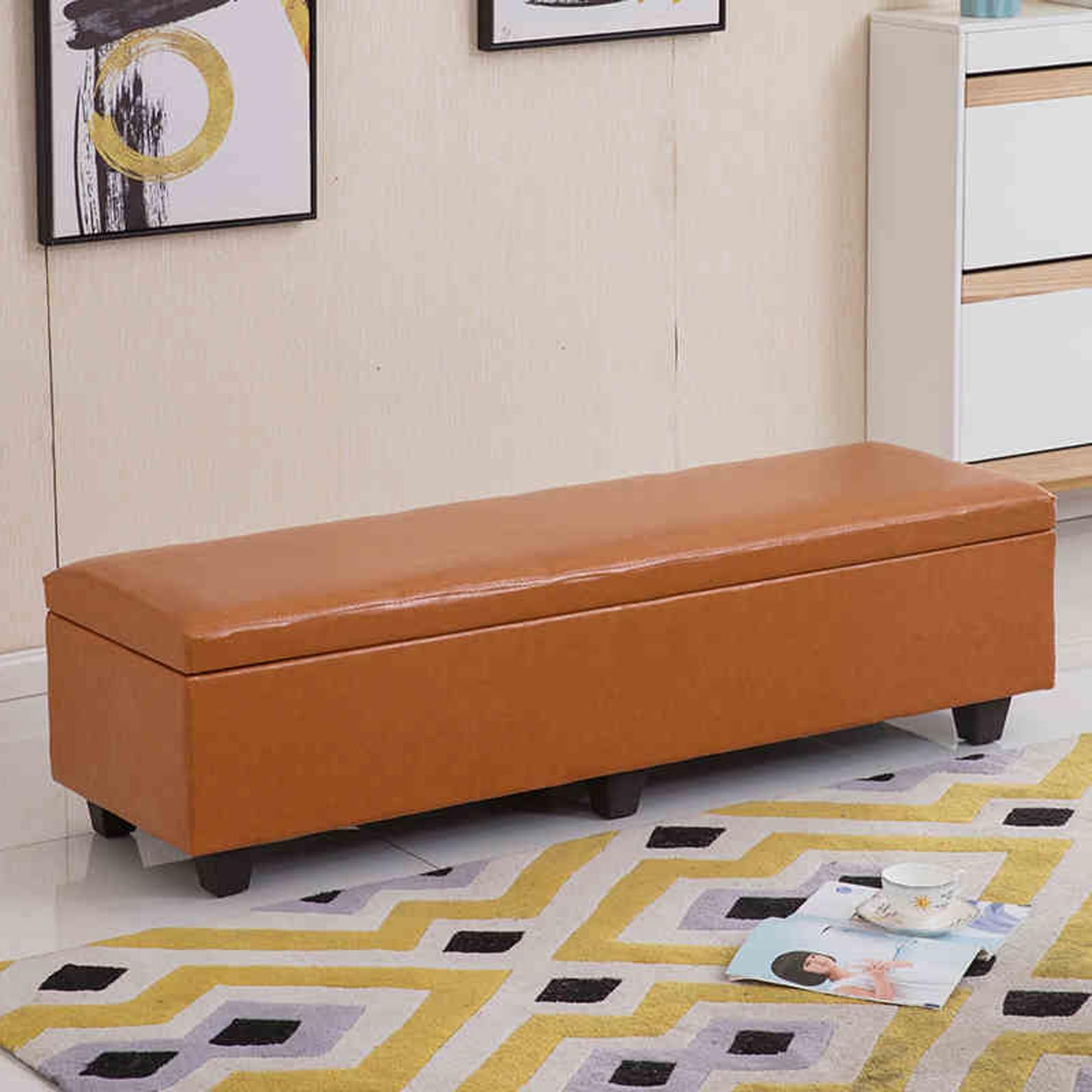 Banc de rangement en similicuir marron clair pour entrée et bout de lit