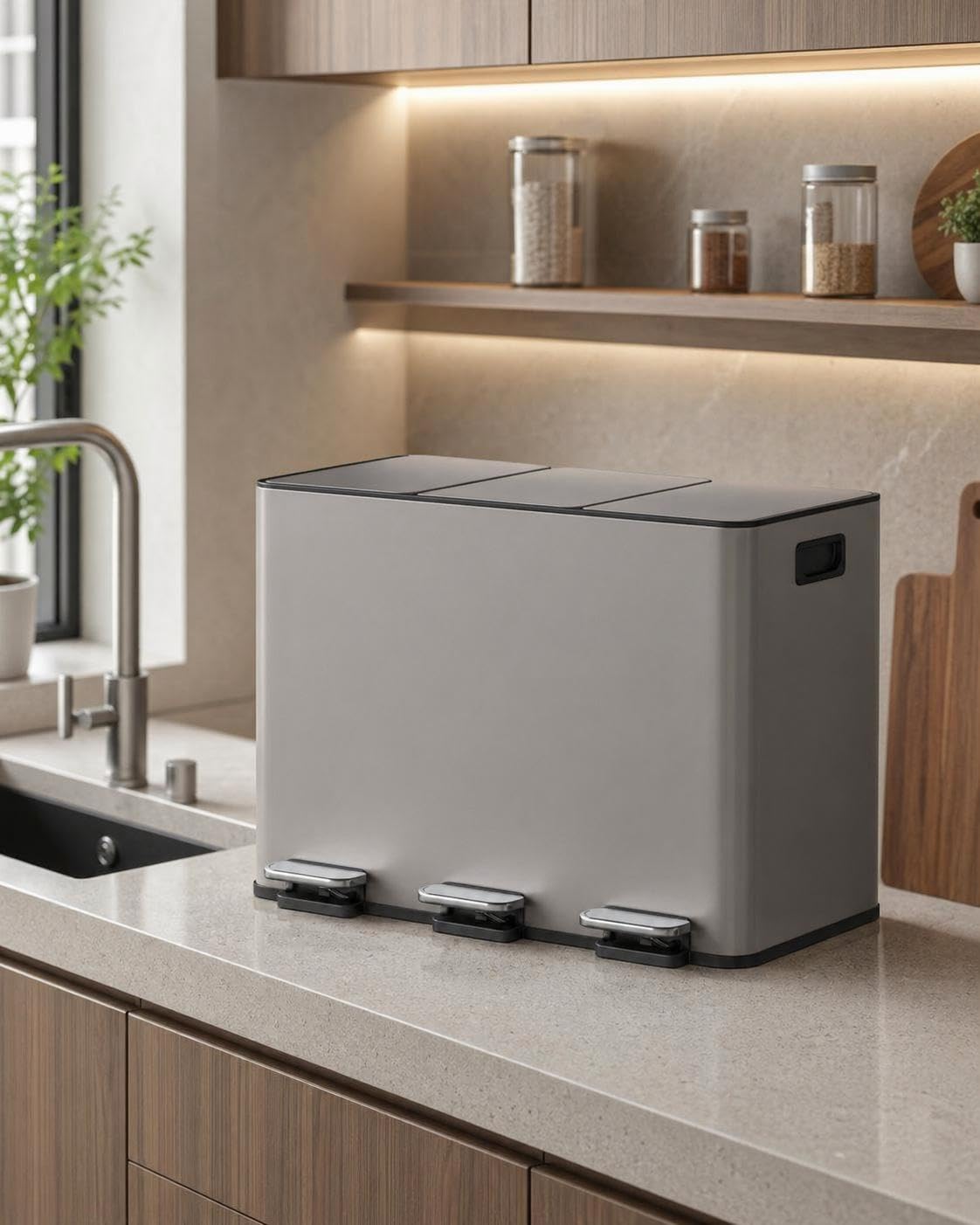 Garvee 45L Küchen-Mülleimer, 3 Fächer Edelstahl mit Soft-Close Deckel & Pedal, mülleimer 3 fächer für Mülltrennsystem, herausnehmbare Inneneimer, geruchshemmend, rutschfest – ideal für Küche