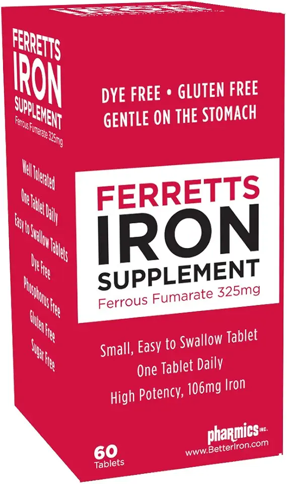 Iron Tablets 106mg (325mg Ferrous Fumarate) - 60 Day Supply of High Potency Iron Supplements for Women &amp; Men, Easy on The Stomach Iron Supplements for Anemia, 60 Iron Pills Per Bottle