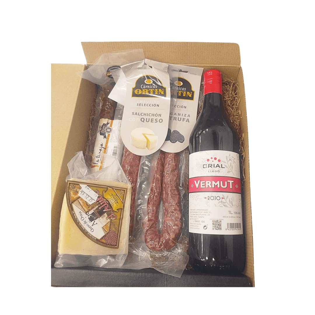 DEGUSTA TERUEL. Cestas de Navidad con Vermú Artesano, Surtido de embutidos y Queso de oveja añejo