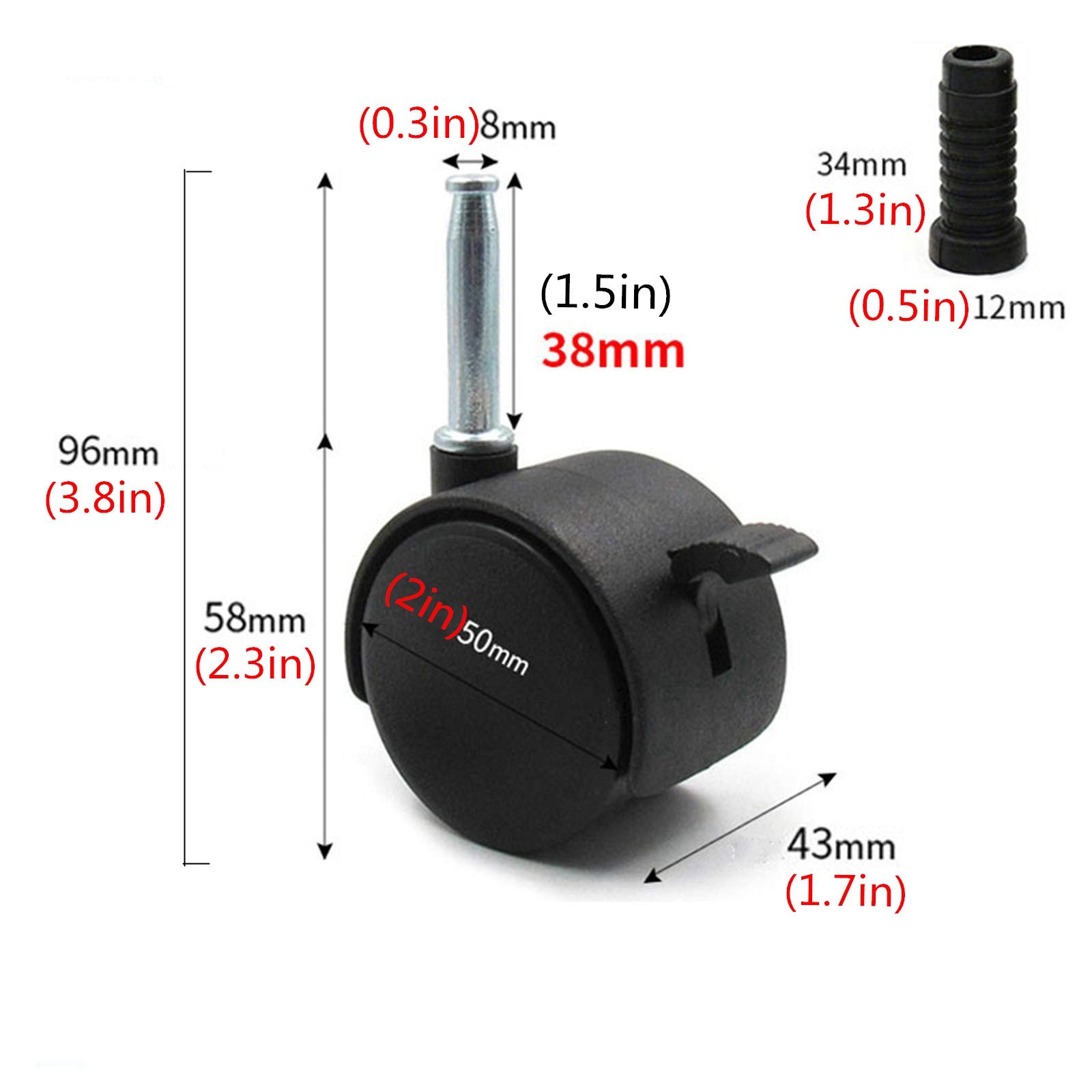 Kółka M8 Stem Kółka obrotowe Kółka z tworzywa sztucznego 2 cale 50 mm Kółko do mebli, Kółko obrotowe do wózka, Łóżeczko dziecięce i krzesło, Długość trzpienia 38 mm, Pojemność 30 kg, Zestaw 4 sztuk, (