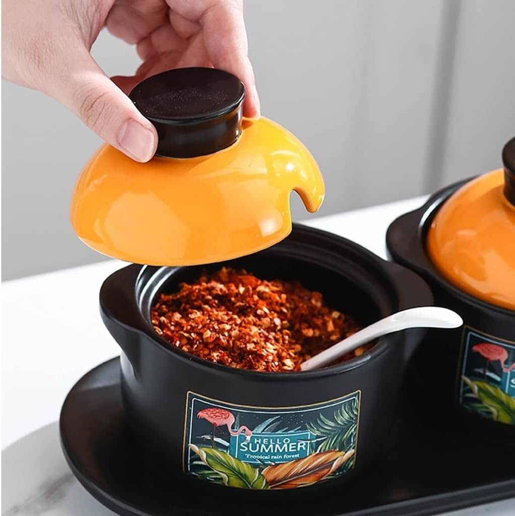 Gewürze Aufbewahrung Keramik-Gewürztopf, Gewürzbehälter-Set, Küchengewürztopf, Gewürzbox Mit Löffel Und Deckel Gewurzglaeser Gewürzglas(A)