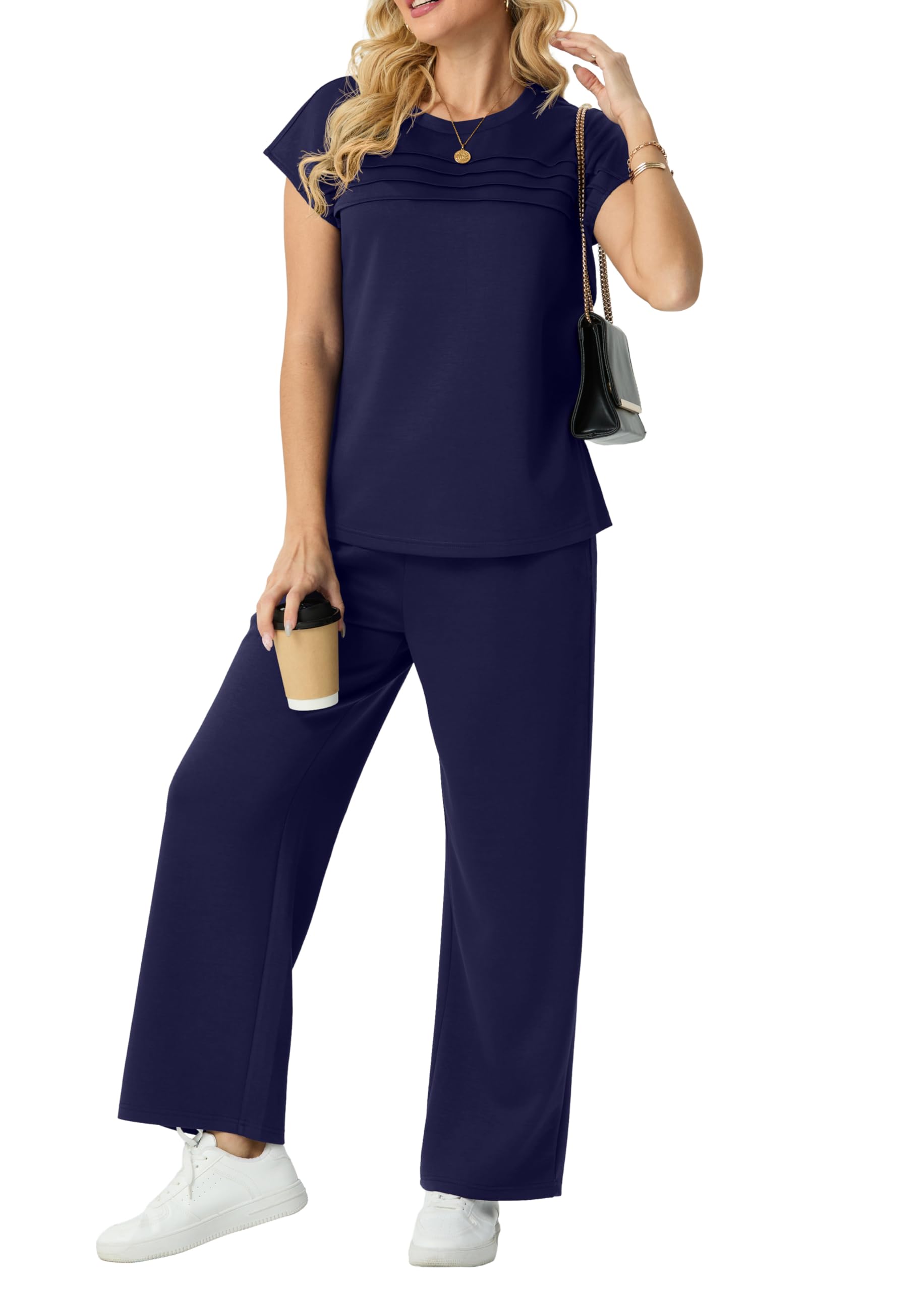 GRECERELLE Tuta da donna estiva da viaggio in due pezzi tuta da donna set completo a maniche corte casual girocollo manica ad aletta anteriore Plisse set abbinati pantaloni a gamba larga - 2