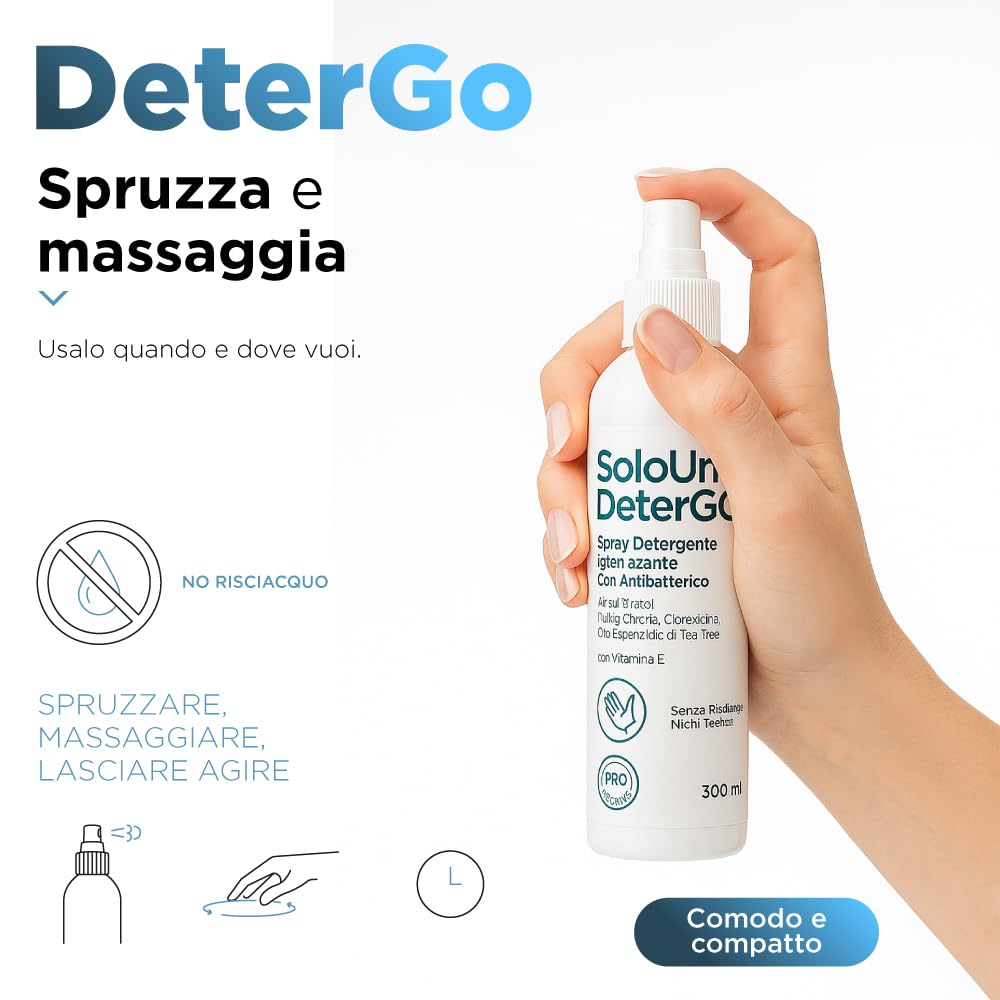 SoloUno DeterGo - Spray detergente igienizzante con Clorexidina, vitamina E, antibatterico, senza risciacquo, per cute e mucose, senza parabeni, flacone da 200 ml