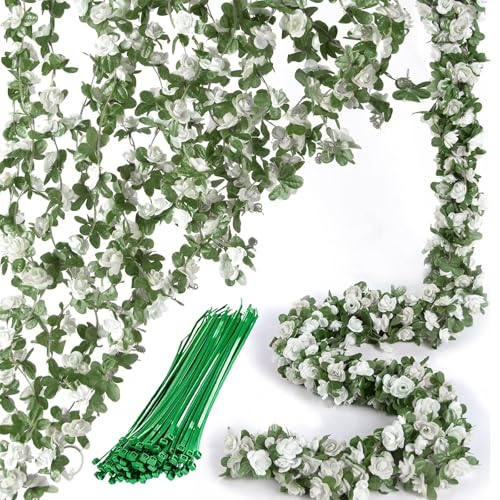 ZenyTra Lot de 2 guirlandes de roses blanches – Guirlande de fleurs artificielles de 2,4 m de long avec 45 fleurs pour décoration de mariage, jardin,...