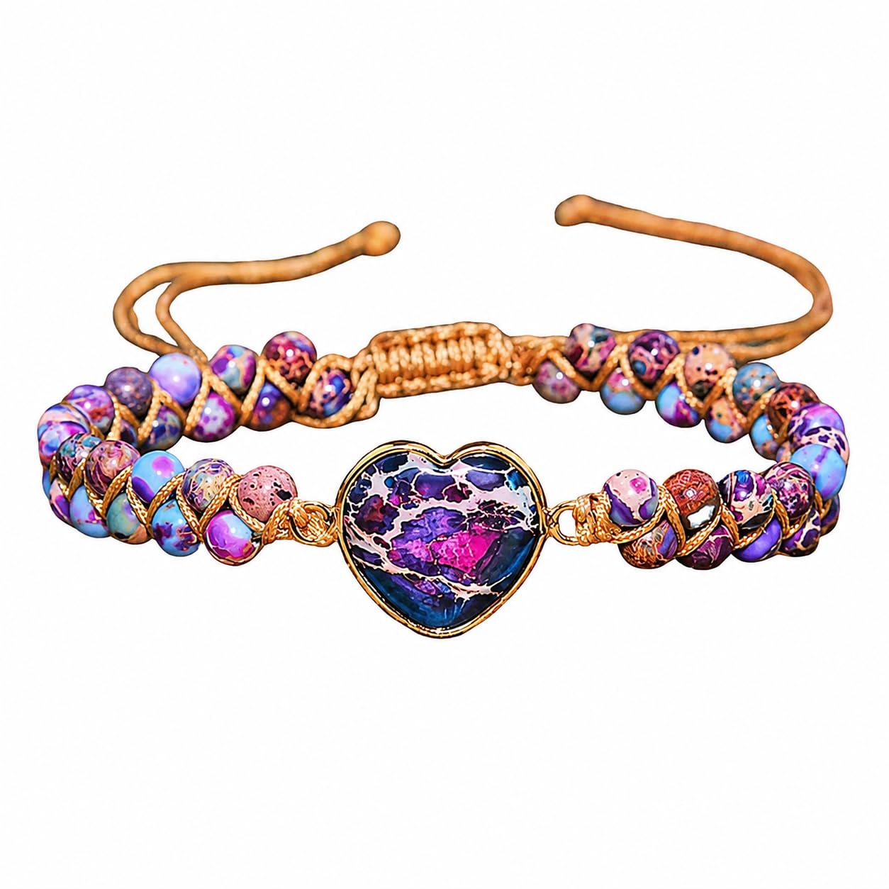 Women Boho Wrap Bracelet,Handmade Natural Stone Crystal Emperor Beads Heart Bracelet, Fashion Bohemian Jewelry Gift for Women