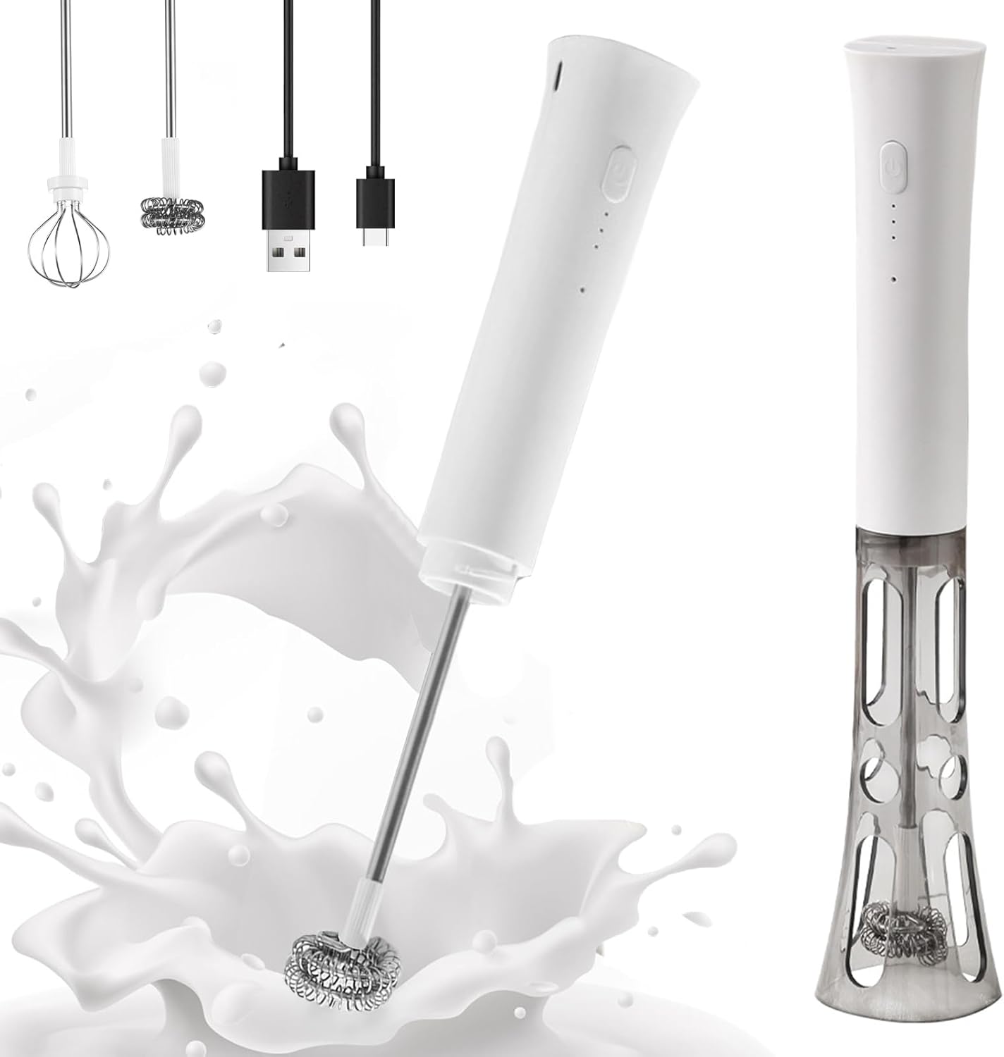 Splash-Proof Handheld Milk Frother with Cover - Rechargeable Milk Frother Wand, Type-C Fast Charging, 15-Second Silent Whisk for Coffee, Matcha, Lattes, Cappuccino