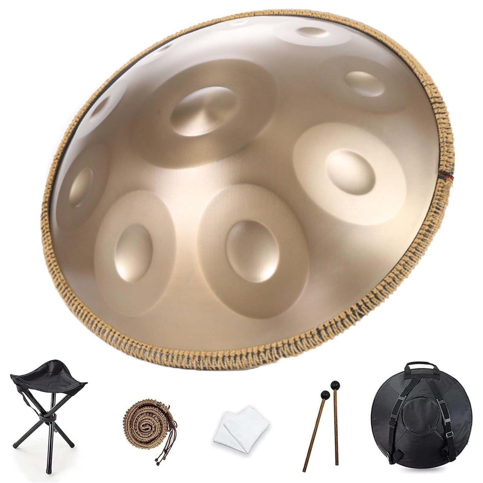 XNZJHPP D Minor Handpan Drum - 22 Steel Percussion Instrument with Carry Bag & 2 Mallets for Music Therapy, Meditation, Yoga, Relaxation, and Stress Relief (Gold 440Hz)