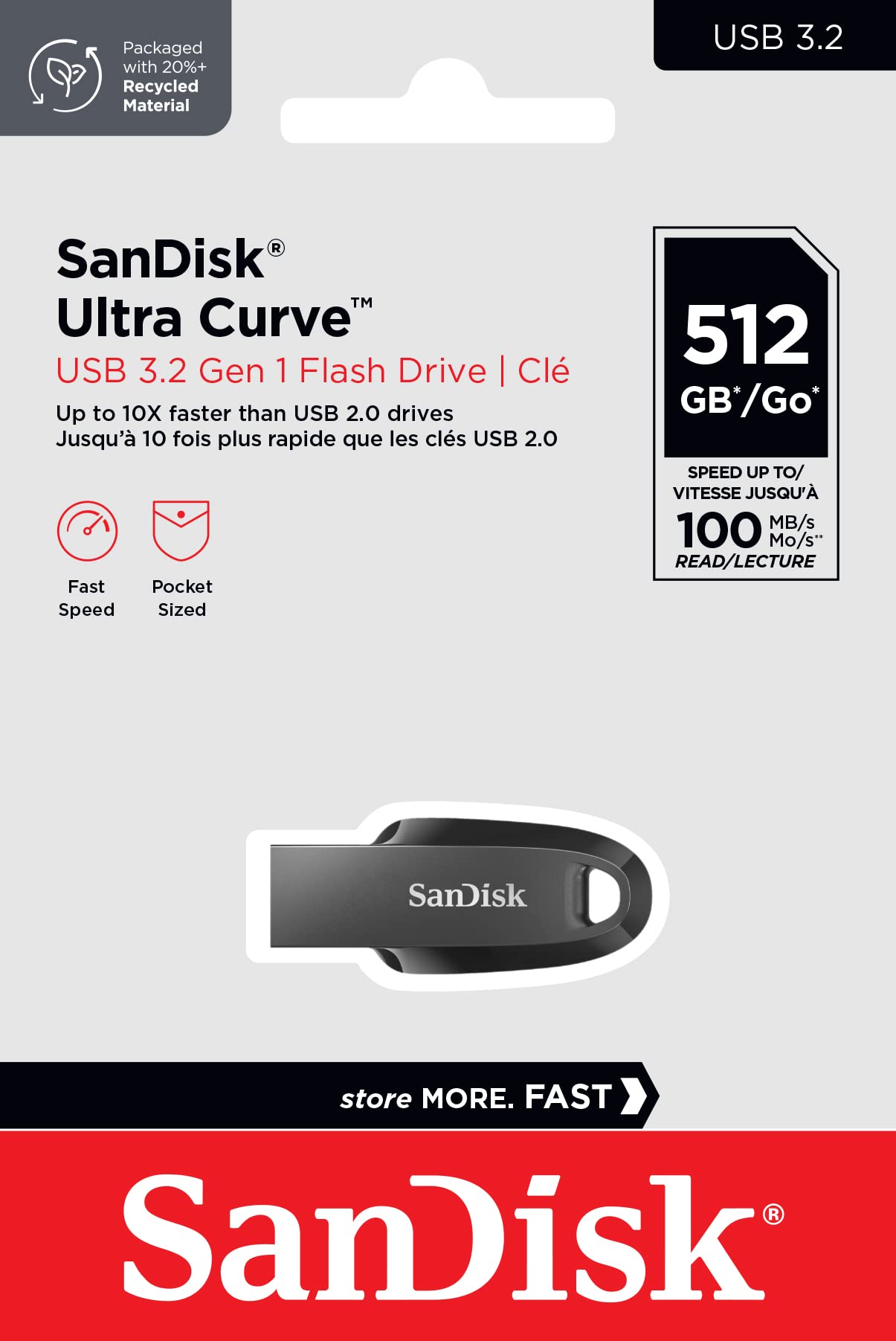 SanDisk 512B Go Ultra Curve, Clé USB, USB 3.2 jusqu'à 100 Mo/s - Noire