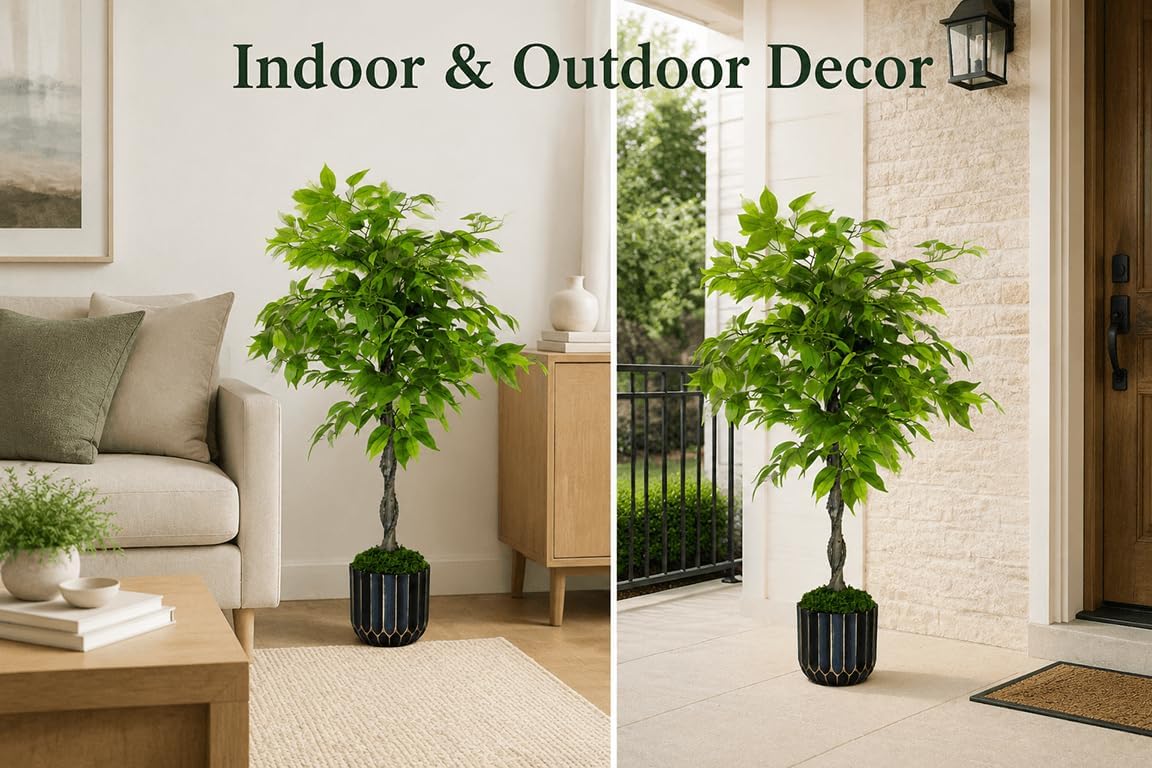 4FT Artificial Ficus Tree - Artificial Trees with Exquisite Planter, Lifelike Faux Tree with Realistic Leaves&Resin Trunk, Tall Fake Plants for Home Office Living Room Indoor Outdoor Decor