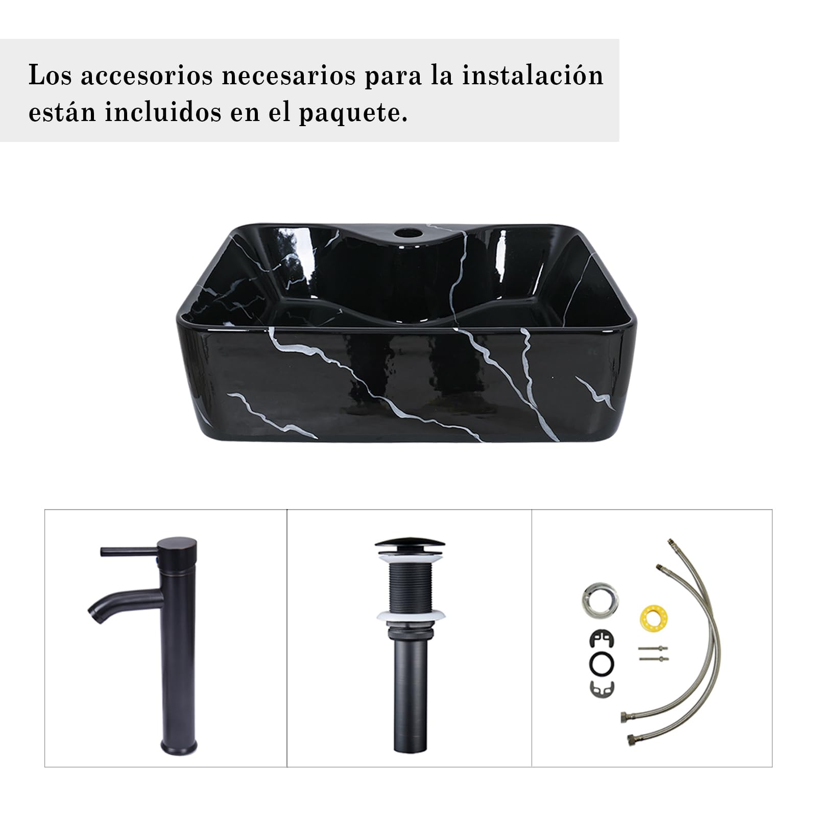 YU YUSING Lavabo Sobre Encimera con Grifo, Lavabo Baño de Cerámica 48x38x13.5 cm, Lavabos de Lujo para Baño, Cocina, Aseo de Invitados, Tocador, Moderno Negro, Rectangular