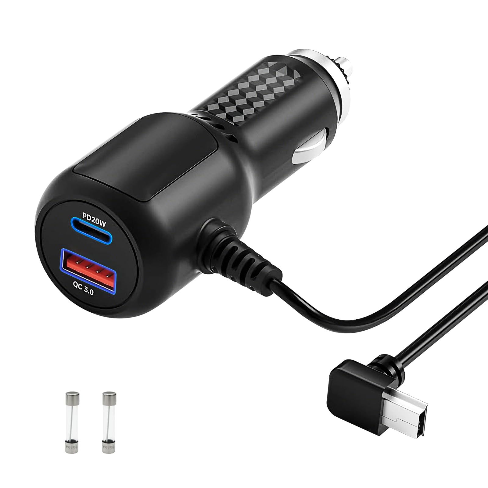 VASTHOME Cargador de coche mini USB de 11.5 pies (138 pulgadas) para Garmin GPS, Nuvi, Dezl, Drive y Dash Cam | Cable de alimentación de vehículo de 12-36 V PD20W QC18W - Sin función de tráfico, 2