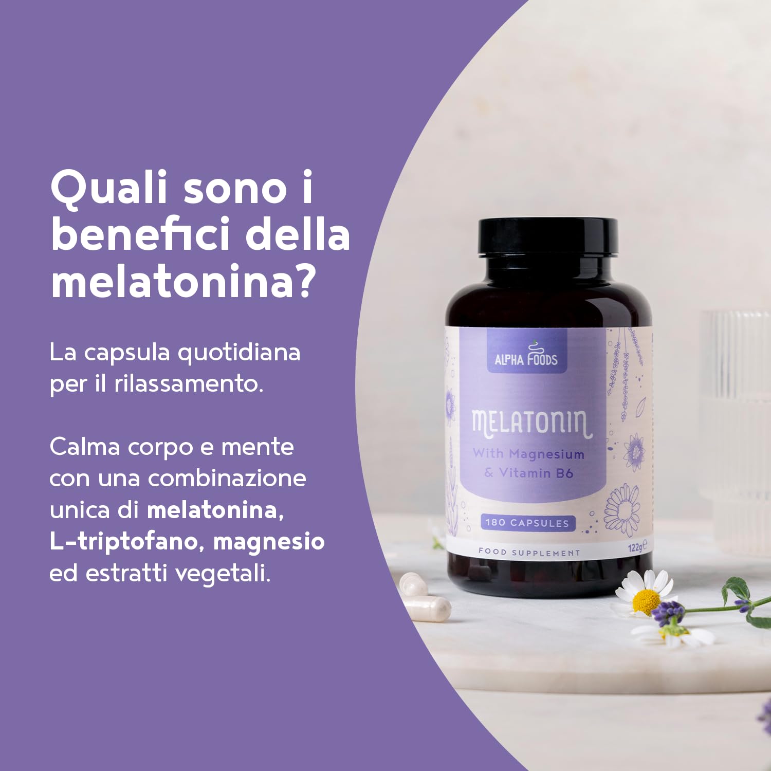 Melatonina 0,5 mg | 180 Capsule | Integratore Sonno con Magnesio, L-Triptofano, Passiflora, Lavanda, Camomilla e Vitamina B6 | per dormire e Jet Lag | Favorisce il Rilassamento | Alpha Foods