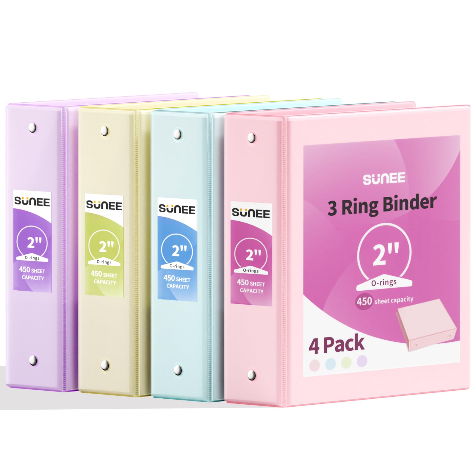 SUNEE 3 Ring Binders 2 Inch 4 Pack, Clear View Binder Three Ring PVC-Free (Fit 8.5x11 Inches) for School or Office Supplies, Assorted Pastel