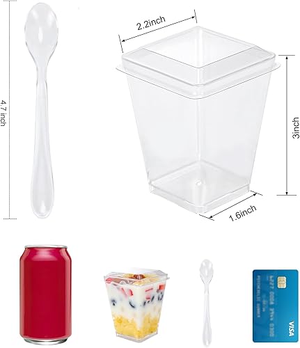 Miniatura 2 de Paquete de 50 tazas de postre de plástico de 5 onzas con tapas y cucharas, tazas de aperitivo de yogur para fiestas, mini tiradores de postre para