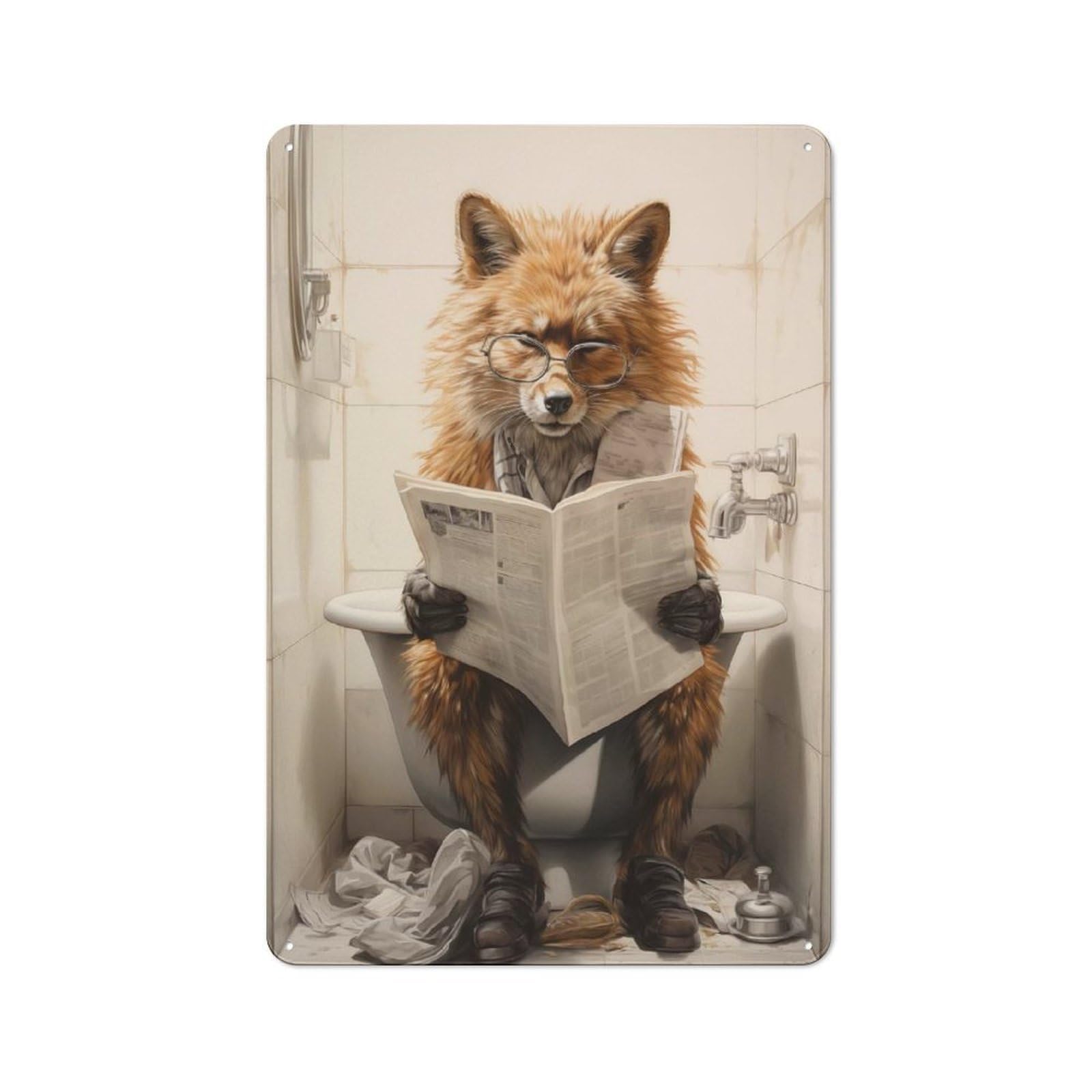 Junmoney Cute Fox On Toilet Shed Style Rustic Tin Sign 30X20cm Featuring Utility Space Decor For Conservatory, Home Bar Or Utility Room