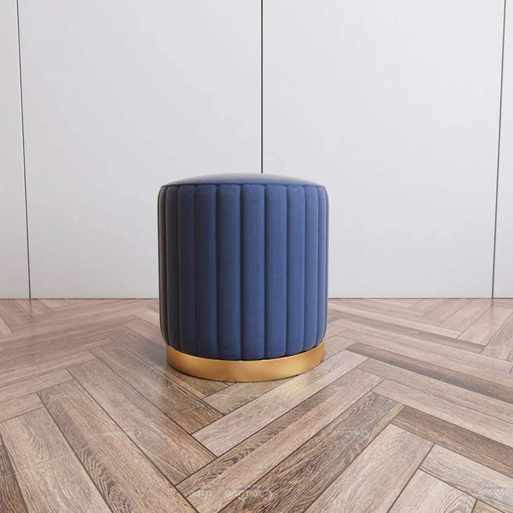 Pouf repose-pieds bleu et rond de 38x45 cm avec socle en laiton doré