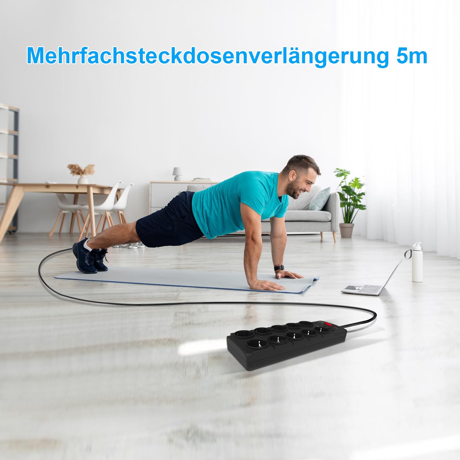 IECOPOWER mehrfachsteckdose 5m,10-Fach Steckdosenleistemit USB(PD 20W 2 USB-C Ports und 2 USB-A Ports),Steckdosenleiste überspannungsschutz,passend für iPhone/iPad,und weitereUSB Geräte,Schwarz.