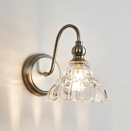 Miniatura 21 de Aplique de pared de latón vintage bronce, luz de pared de baño hecha de cuerpo de cobre electrochapado y vidrio estampado prensado, luces de tocador