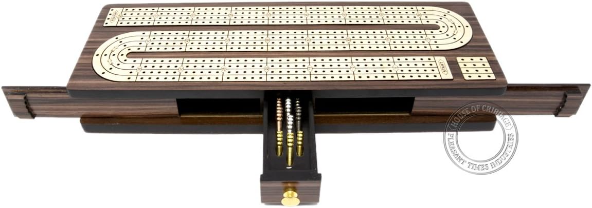 House of Cribbage - Continuous Cribbage Board Inlaid 4 Tracks Rosewood/Maple with Sliding Lids and Drawer
